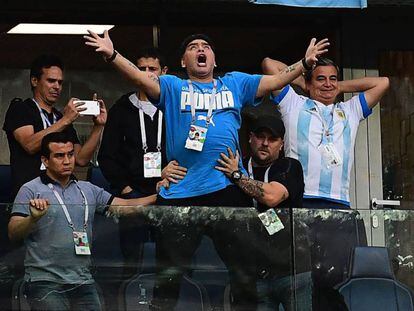 Maradona celebrates an Argentina goal during their game against Nigeria.