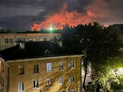 A handout photo made available by the Governor of Russian Pskov region Mikhail Vedernikov Telegram channel shows smoke billowing and explosions light after Russian militaries destroyed drones in Pskov, Pskov region, Russia, 30 August 2023.
