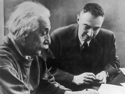Albert Einstein and J. Robert Oppenheimer, in 1947.