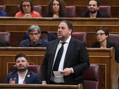 Jailed defendant Oriol Junqueras in Congress earlier this month, where he was sworn in as a deputy.