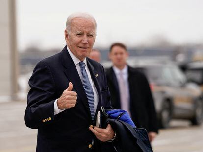 U.S. President Joe Biden gestures to reporters before boarding Air Force One en route to Camp David at Hancock Field Air National Guard Base in Syracuse, New York, February 4, 2023.
