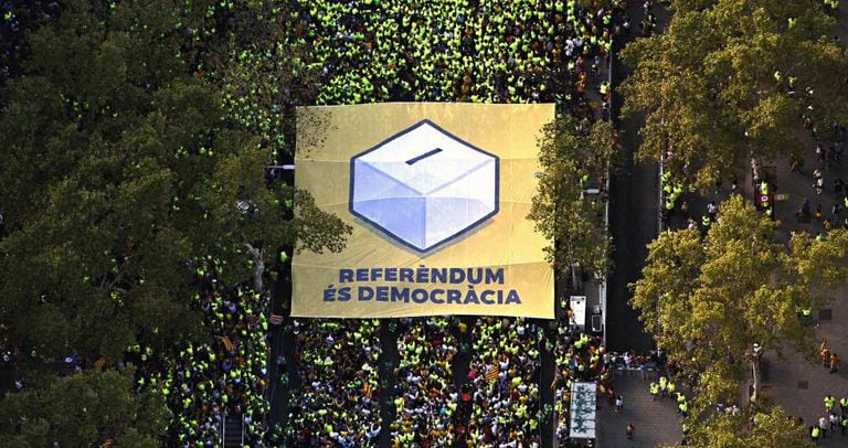 A pro-independence banner during Monday's La Diada march in Barcelona.