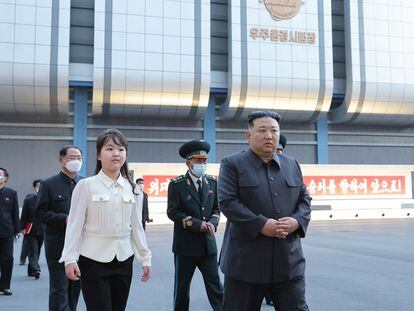 North Korean leader Kim Jong-un and his daughter visit the National Aerospace Development Administration in Pyongyang on April 18, 2023.