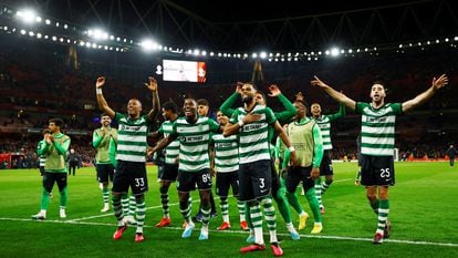 Sporting CP's Arthur Gomes, Jeremiah St. Juste, Dario Essugo and Goncalo Inacio celebrate after winning the penalty shootout.