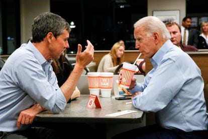 Beto O'Rourke and Joe Biden at a Whataburger after O'Rourke endorsed Biden's campaign for president in Dallas