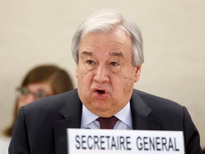 U.N. Secretary-General Antonio Guterres addresses his statement, during the opening of the High-Level Segment of the 43rd session of the Human Rights Council, at the European headquarters of the United Nations in Geneva, Switzerland, on Feb. 24, 2020.