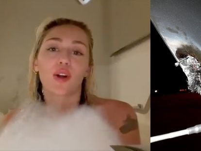 Miley Cyrus, in a video she published on her social media accounts, and a photo of the damage done to her plane.