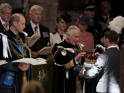 Charles III receives the crown of Scotland at St. Giles Cathedral in Edinburgh on Wednesday, July 5.