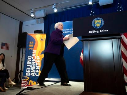 Treasury Secretary Janet Yellen arrives for a news conference at the U.S. Embassy in Beijing, Sunday, July 9, 2023.
