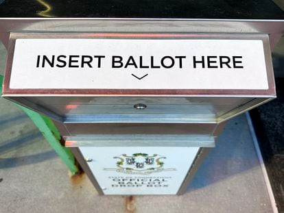 A ballot drop box sits outside the city government center, Thursday, Oct. 5, 2023, in Bridgeport, Conn.