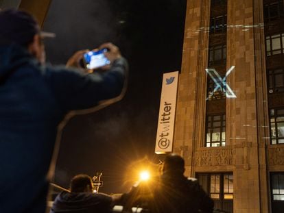 The new Twitter logo is projected early this morning at the company's Market Street headquarters in downtown San Francisco.