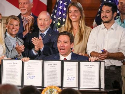 Florida Governor Ron DeSantis signs legislation on Monday, May 15, 2023, banning state funding for diversity, equity, and inclusion programs at Florida's public universities.