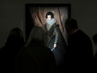 People view a portrait of Queen Isabel de Borbon, by Spanish painter Diego Velazquez