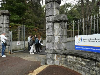 The entrance of a private Catholic school where a teacher has been stabbed to death by a high school student, Wednesday, Feb. 22, 2023 in Saint-Jean-de-Luz, southwestern France.