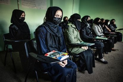 Women attend a training session at a police barracks in Kabul; November 2022.