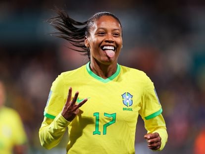 Ary Borges celebrates her third goal in the Brazil vs. Panama match at the World Cup in Australia and New Zealand.