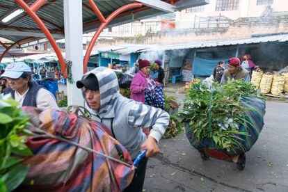 Porters help customers carry several sacks of medicinal herbs