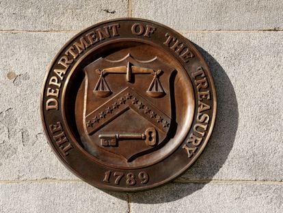 A bronze seal for the Department of the Treasury is shown at the U.S. Treasury building in Washington, January 20, 2023.