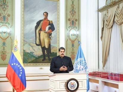 Nicolás Maduro gives a speech from the Miraflores Palace, in Caracas.