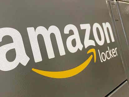 The Amazon logo on a locker in Annapolis, Maryland, on February 2, 2023.