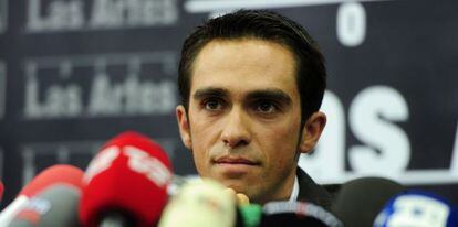 Spanish cyclist Alberto Contador holds a press conference in Pinto near Madrid.