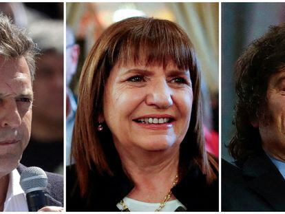 Three of the candidates for the Argentine presidency: Sergio Massa, Patricia Bullrich and Javier Milei.