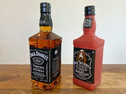 A bottle of Jack Daniel's Tennessee Whiskey is displayed next to a Bad Spaniels dog toy in Arlington, Va., Nov. 20, 2022.