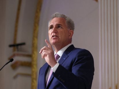 Speaker of the House Kevin McCarthy speaks at the New York Stock Exchange (NYSE) in New York City, on April 17, 2023.