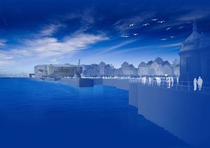 A virtual rendering of the Bay of Santander, with the future Centro Bot&iacute;n in the background. 