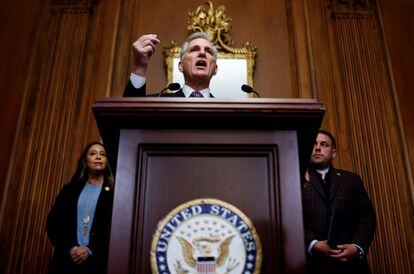 U.S. House Speaker Kevin McCarthy speaks to reporters about a looming shutdown of the U.S. government at the U.S. Capitol in Washington, on September 29, 2023.
