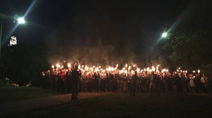 Dozens of torch-bearing demonstrators at Lee Park in Charlottesville, Virginia.