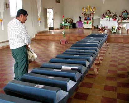 Coffins of some of the victims of El Mozote massacre in El Salvador, in December 2000.