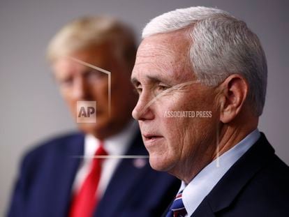 Then-Vice President Mike Pence speaks alongside President Donald Trump during a coronavirus task force briefing at the White House in Washington on March 22, 2020.