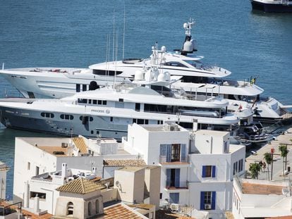 Yachts moored outside Ibiza town.