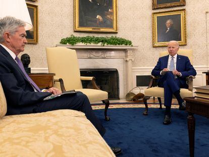 Federal Reserve Chairman Jerome Powell in a meeting with US President Joe Biden on May 31 at the White House.