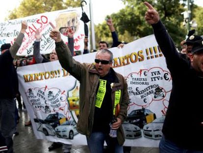 Taxi drivers protest against Uber in Madrid.