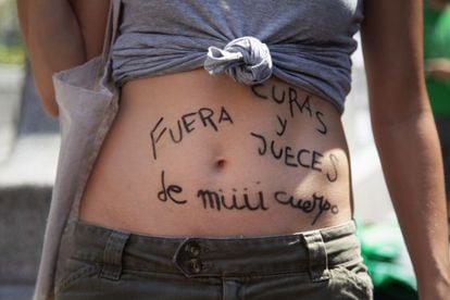 &quot;Keep judges and priests out of my body,&quot; reads the stomach of a woman at a recent protest against proposed changes to abortion laws.