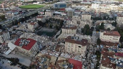 Aerial view of the Turkish city of Hatay after the earthquake, on February 7.