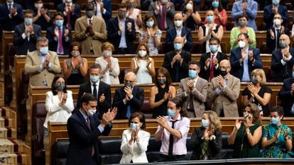 Spanish PM Pedro Sánchez accepts applause from fellow Socialist Party lawmakers in Congress on Wednesday.