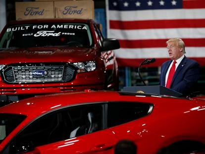 President Donald Trump speaks at Ford's Rawsonville Components Plant that had been converted to making personal protection and medical equipment, Thursday, May 21, 2020, in Ypsilanti, Mich.