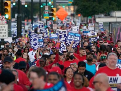 United Auto Workers members march through downtown Detroit, Friday, Sept. 15, 2023.