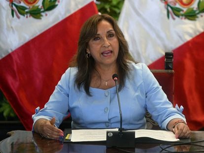 In this file photo taken on February 10, 2023, Peru's President Dina Boluarte speaks during a press conference at the Presidential Palace in Lima.