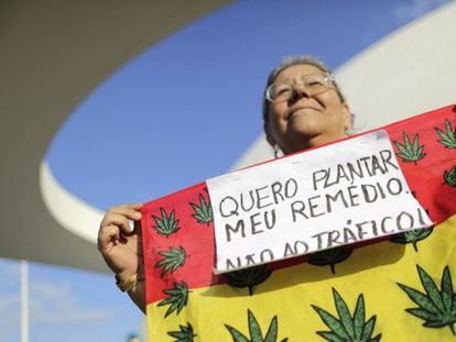A Brazilian woman marches in support of the legalization of marijuana.