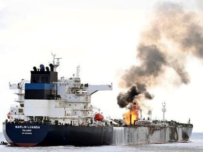 An oil tanker in flames after suffering an attack in the Red Sea. Photograph provided by the Indian Navy.