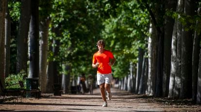 A man runs in the Retiro Park in Madrid, Spain.