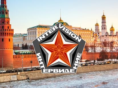 The Intervision festival logo superimposed on an image of the Kremlin.