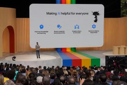 Google and Alphabet CEO Sundar Pichai presents new AI tools at the company’s headquarters in California; May 10, 2023. 