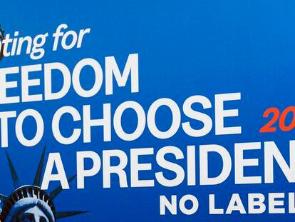A No Labels banner at the National Press Club, in Washington, Jan. 18, 2024.