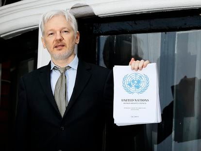 Julian Assange, from the balcony of the Embassy of Ecuador in London, in February 2016.