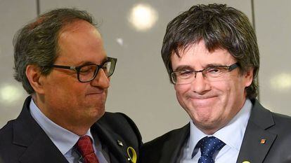 Quim Torra and Carles Puigdemont during a press conference in Berlin.